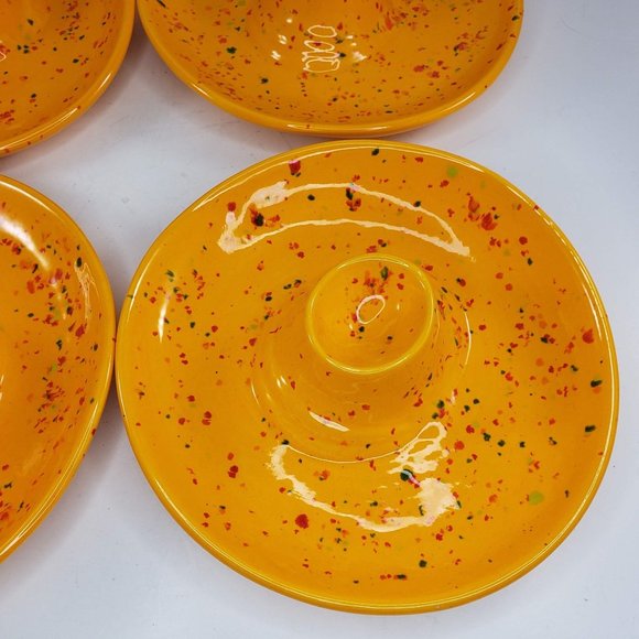 Egg Holder Plate Bowl Pottery Set Of 4 Speckled Yellow Hand Painted Handmade - Picture 4 of 14